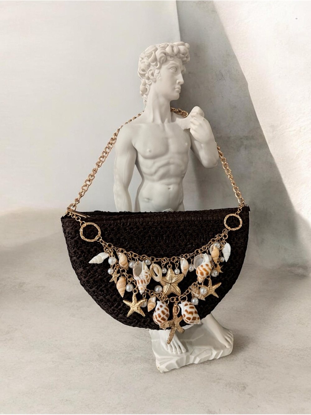 Brown Woven Shell Charm Half-Moon Shoulder Bag